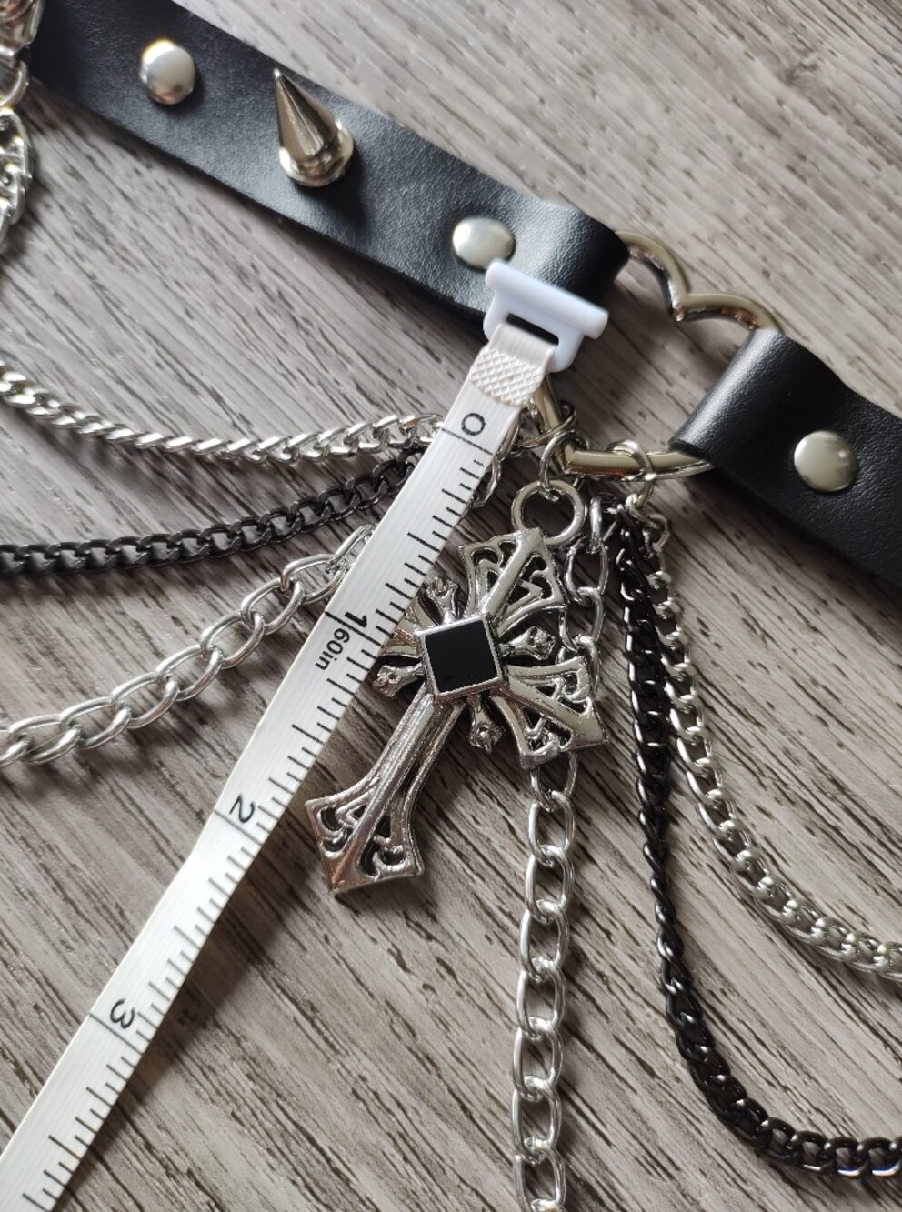 NEW Black Gothic Spike Choker Necklace with Silver Cross Pendant And Chains - Picture 6 of 7